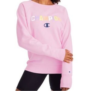 Champion Powerblend Boyfriend Crewneck Sweatshirt in Pink with Rainbow Logo